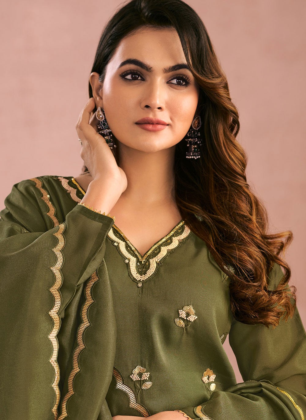 Palazzo Suit Embroidered, Thread Green T8770