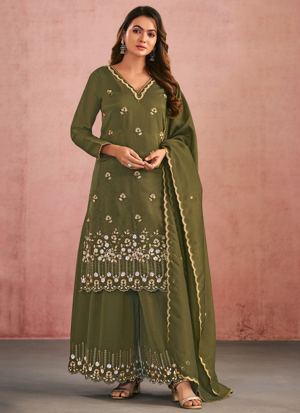 Palazzo Suit Embroidered, Thread Green T8770