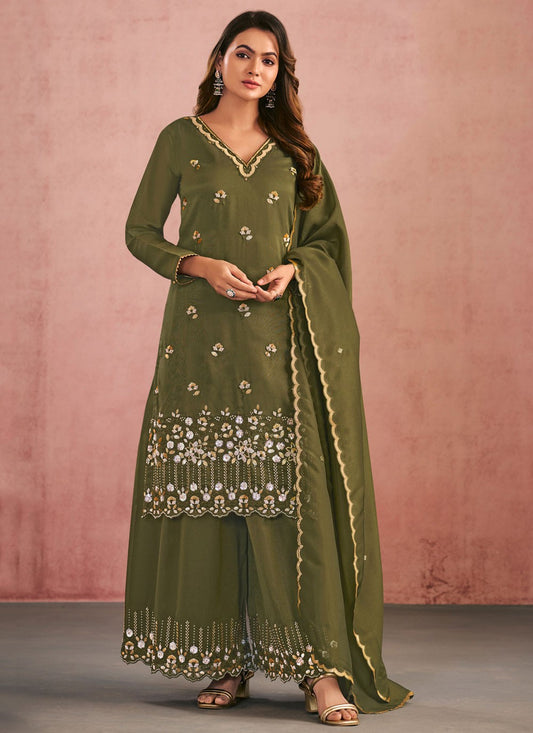 Palazzo Suit Embroidered, Thread Green T8770