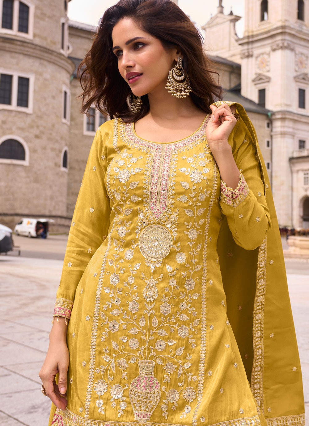 Palazzo Suit Embroidered Mustard T8904