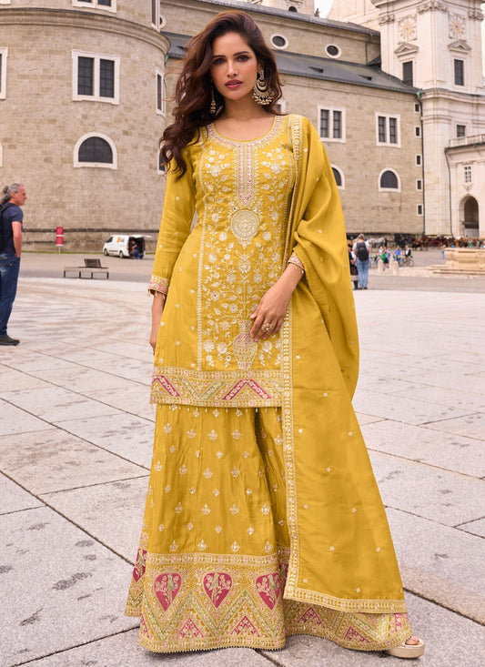 Palazzo Suit Embroidered Mustard T8904