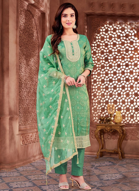 Pant Style Suit Embroidered Green Silk T5664