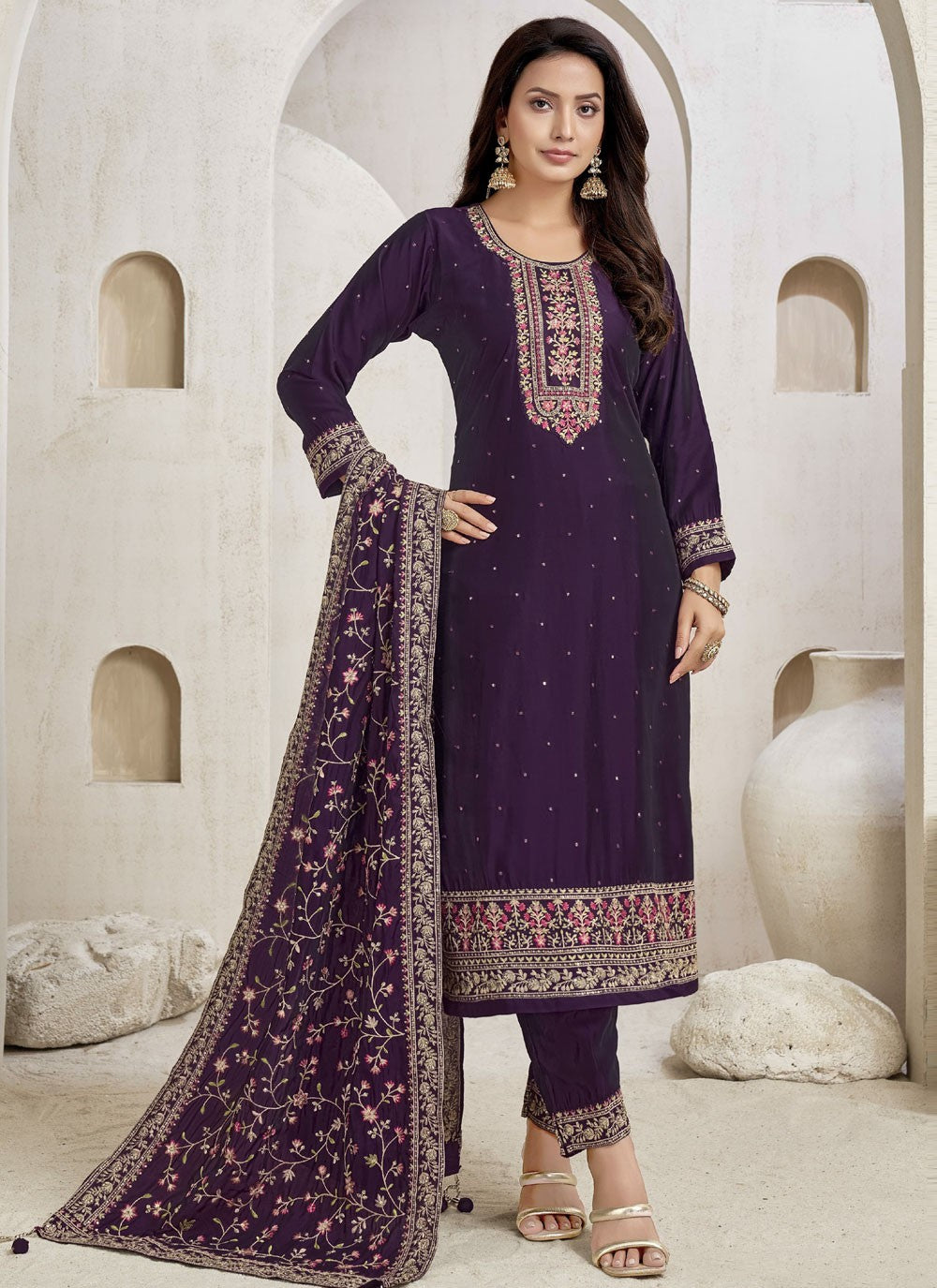 Pant Style Suit Embroidered Purple T7614