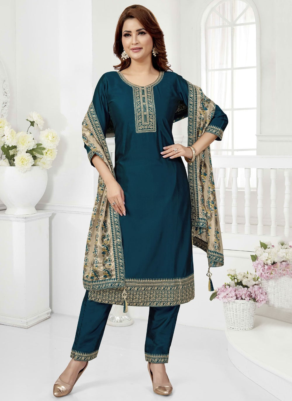Pant Style Suit Embroidered, Zari Morpeach T7611