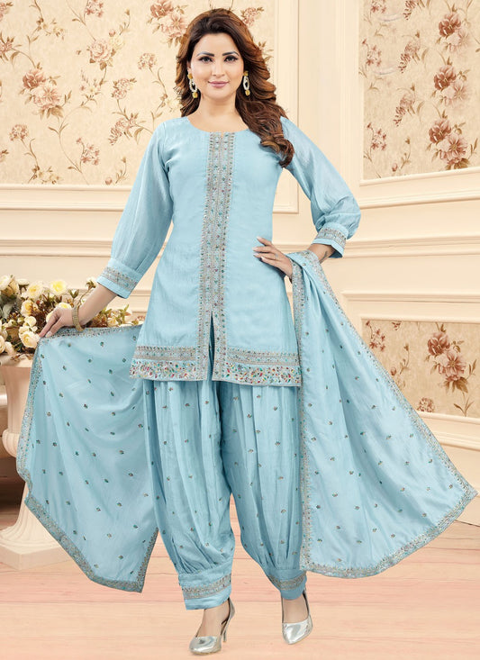 Salwar Suit Embroidered Blue Silk T5656