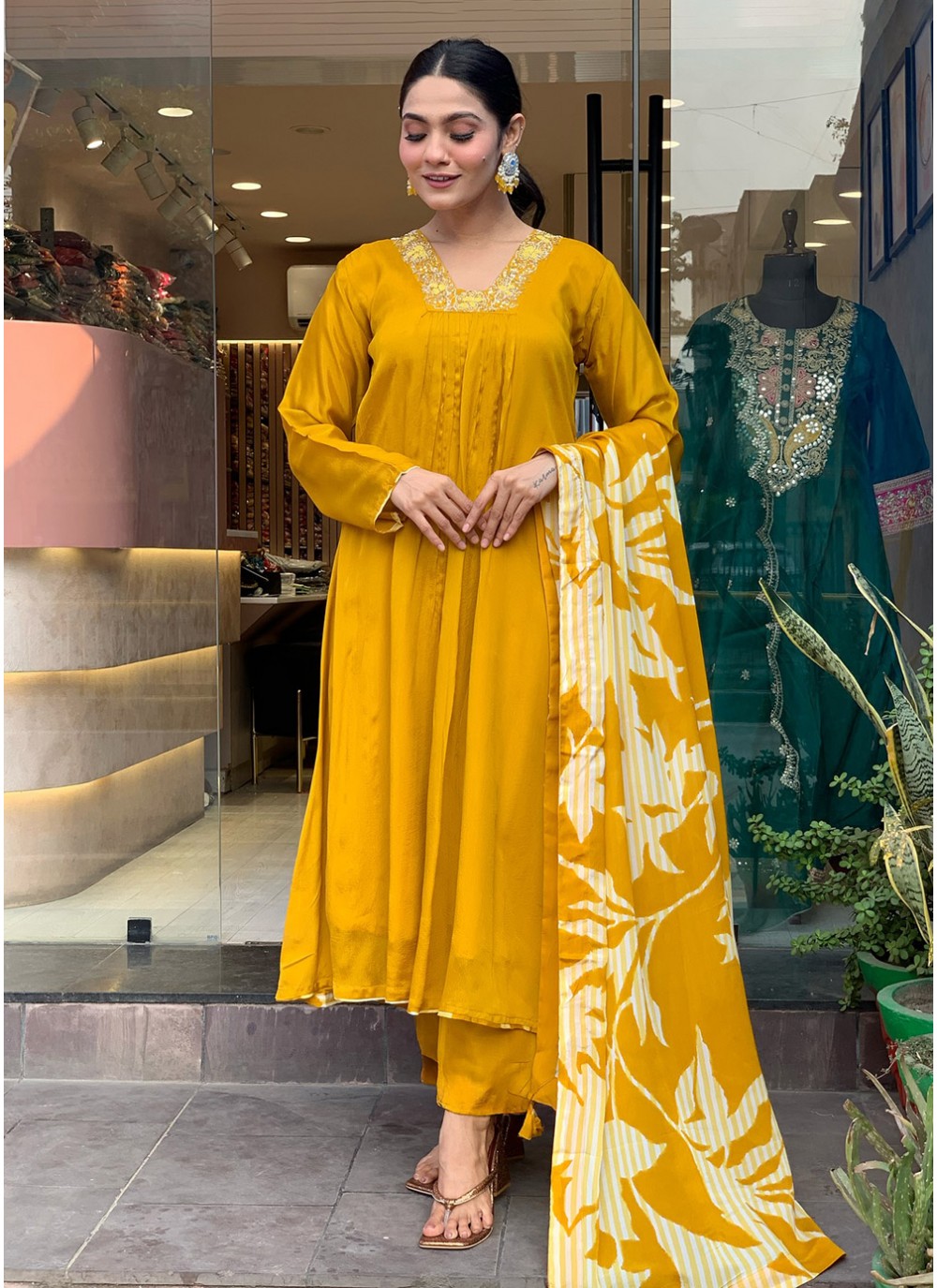 Embroidered Chinon Mustard Salwar Suit T6026