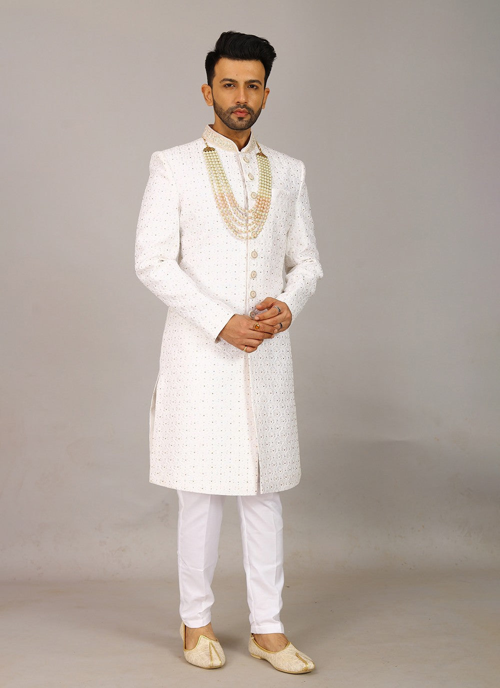Embroidered Silk White Sherwani - M7971