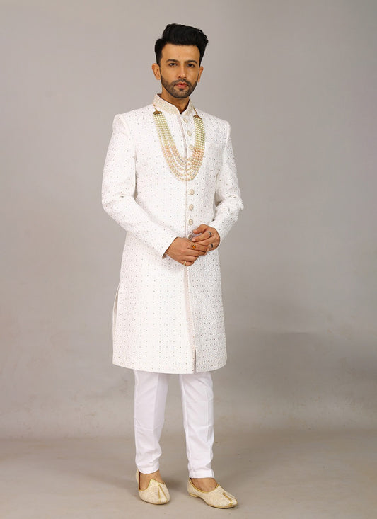 Embroidered Silk White Sherwani - M7971