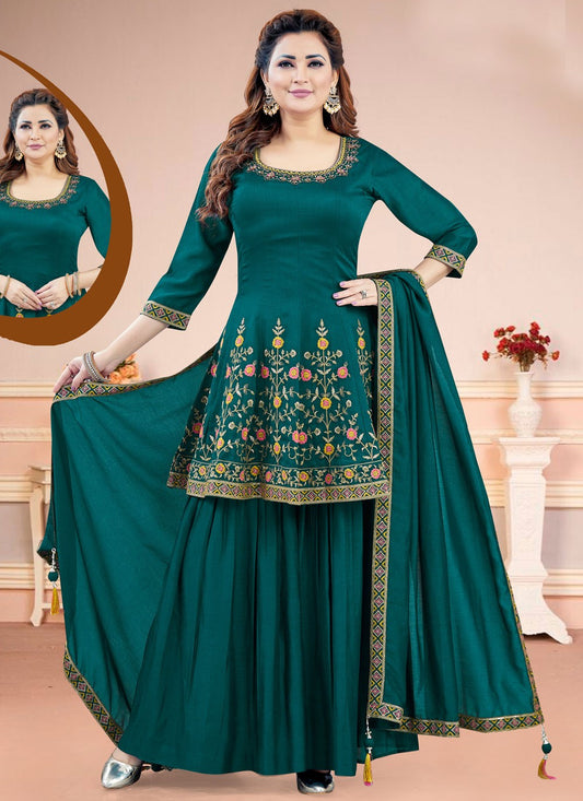 Salwar Suit Embroidered Teal Silk T5826