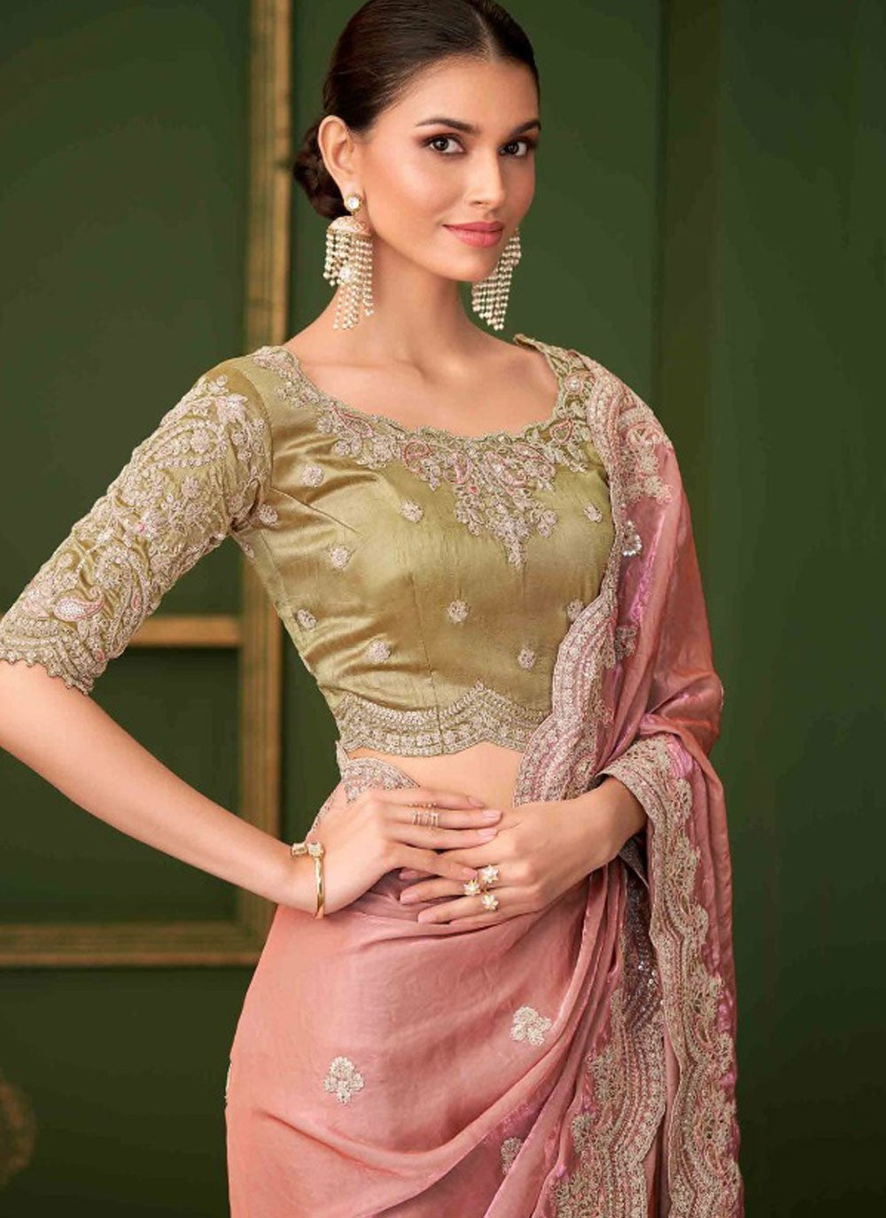 Peach Georgette Satin Trendy Saree Embroidered S20378