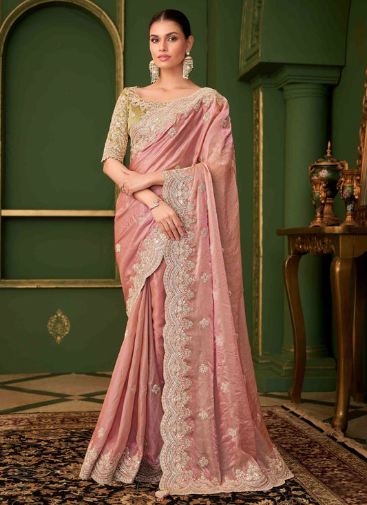 Peach Georgette Satin Trendy Saree Embroidered S20378