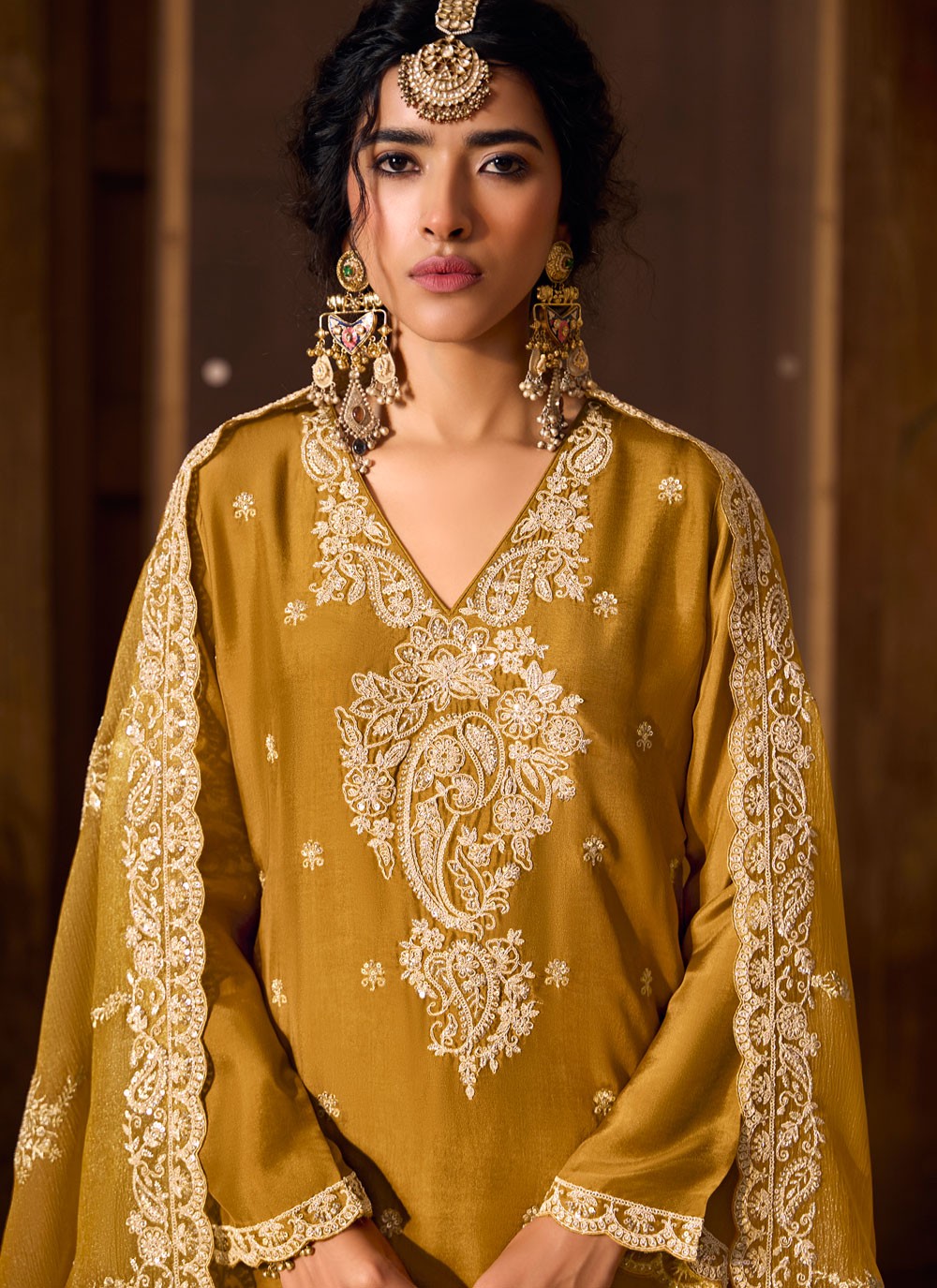 Salwar Suit Embroidered Yellow Silk T5556