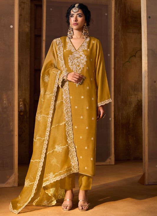 Salwar Suit Embroidered Yellow Silk T5556