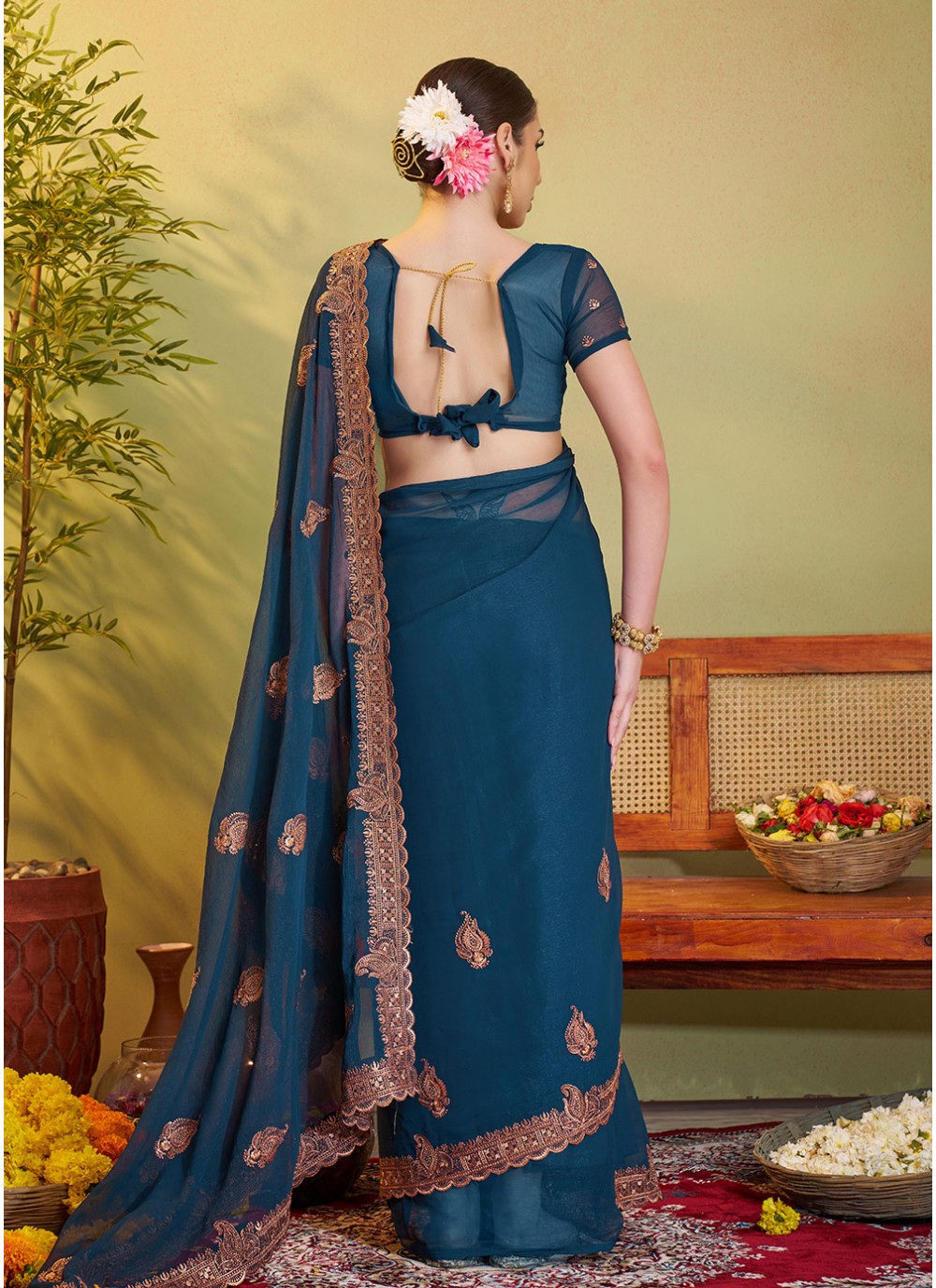 Embroidered Chiffon Teal Saree S14475