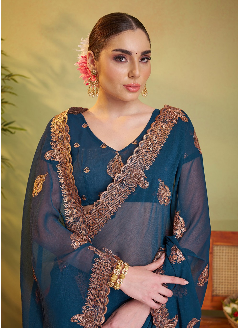 Embroidered Chiffon Teal Saree S14475