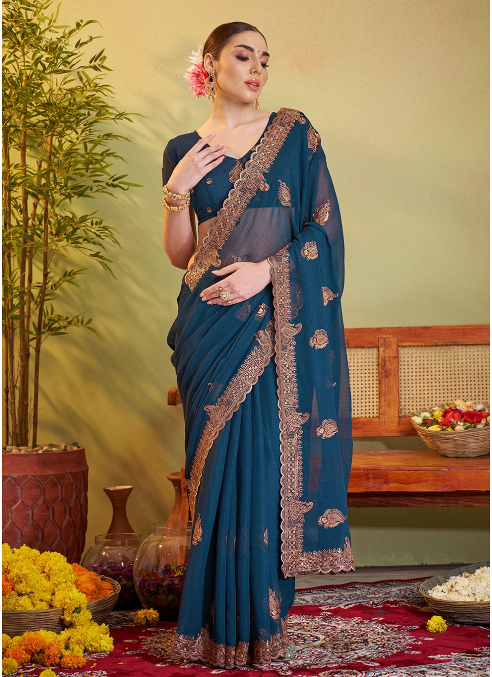 Embroidered Chiffon Teal Saree S14475