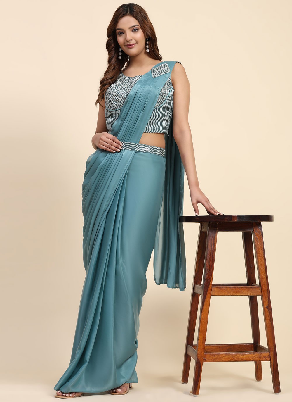 Trendy Embroidered Imported, Satin Saree - S5398