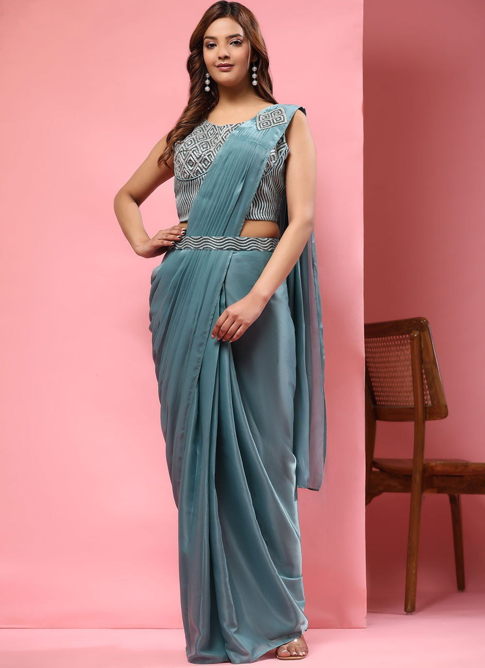 Trendy Embroidered Imported, Satin Saree - S5398