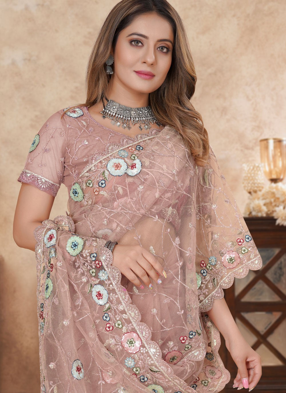 Peach Net Traditional Saree Cut Work, Embroidered, Multi Work, Resham, Sequins S16192