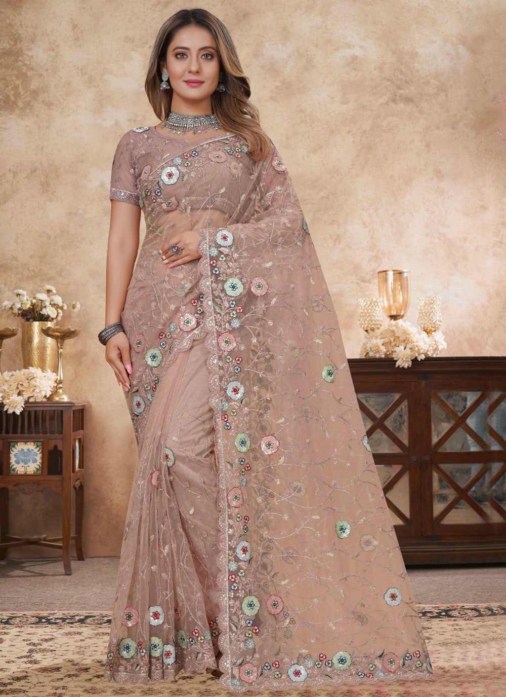 Peach Net Traditional Saree Cut Work, Embroidered, Multi Work, Resham, Sequins S16192