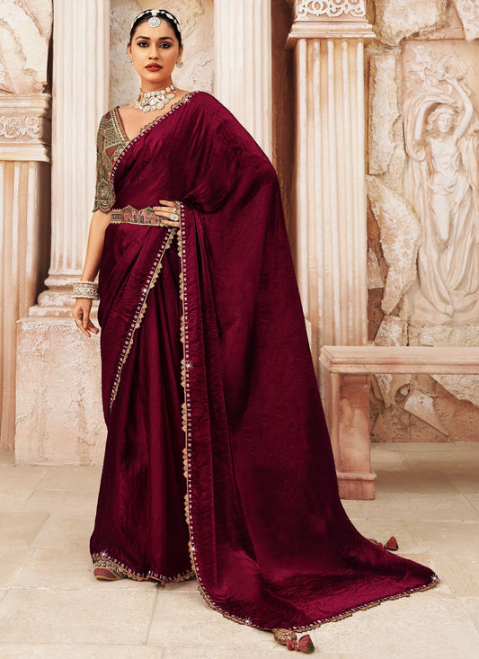 Maroon Silk Traditional Saree Embroidered, Lace S19934