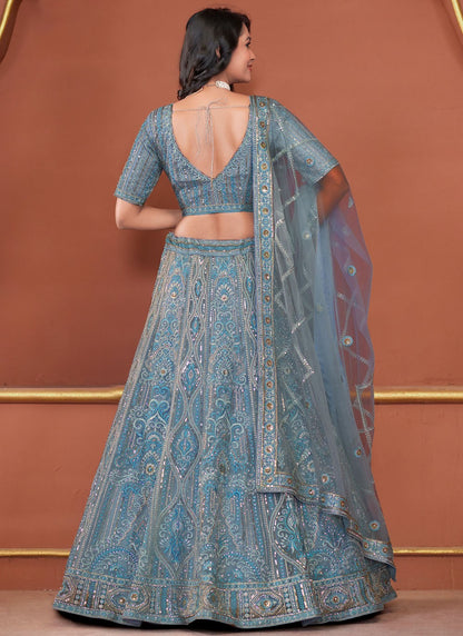 Embroidered Net Blue Lehenga - L3328