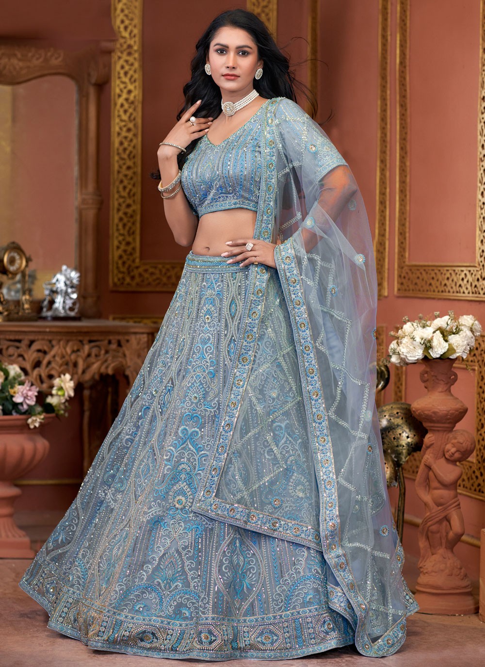 Embroidered Net Blue Lehenga - L3328