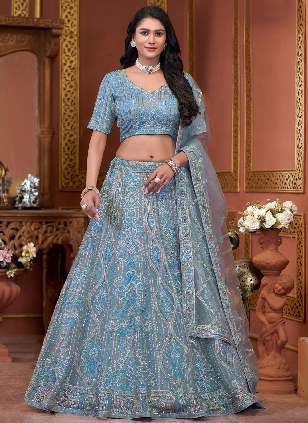Embroidered Net Blue Lehenga - L3328