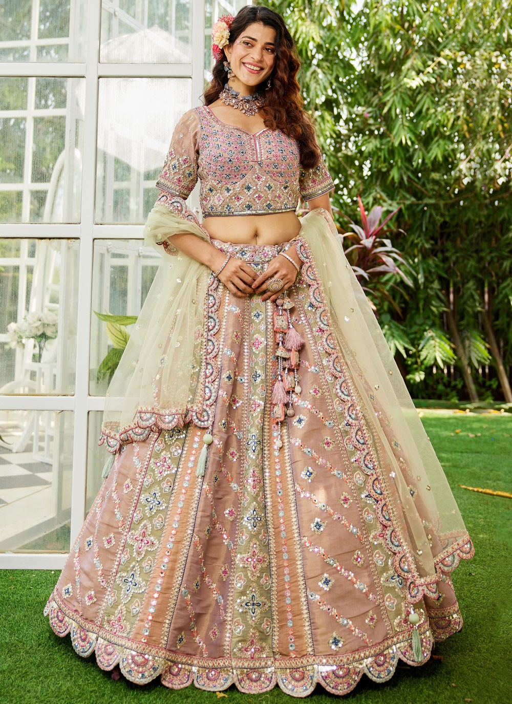 Embroidered Net Multi Colour Lehenga - L3351