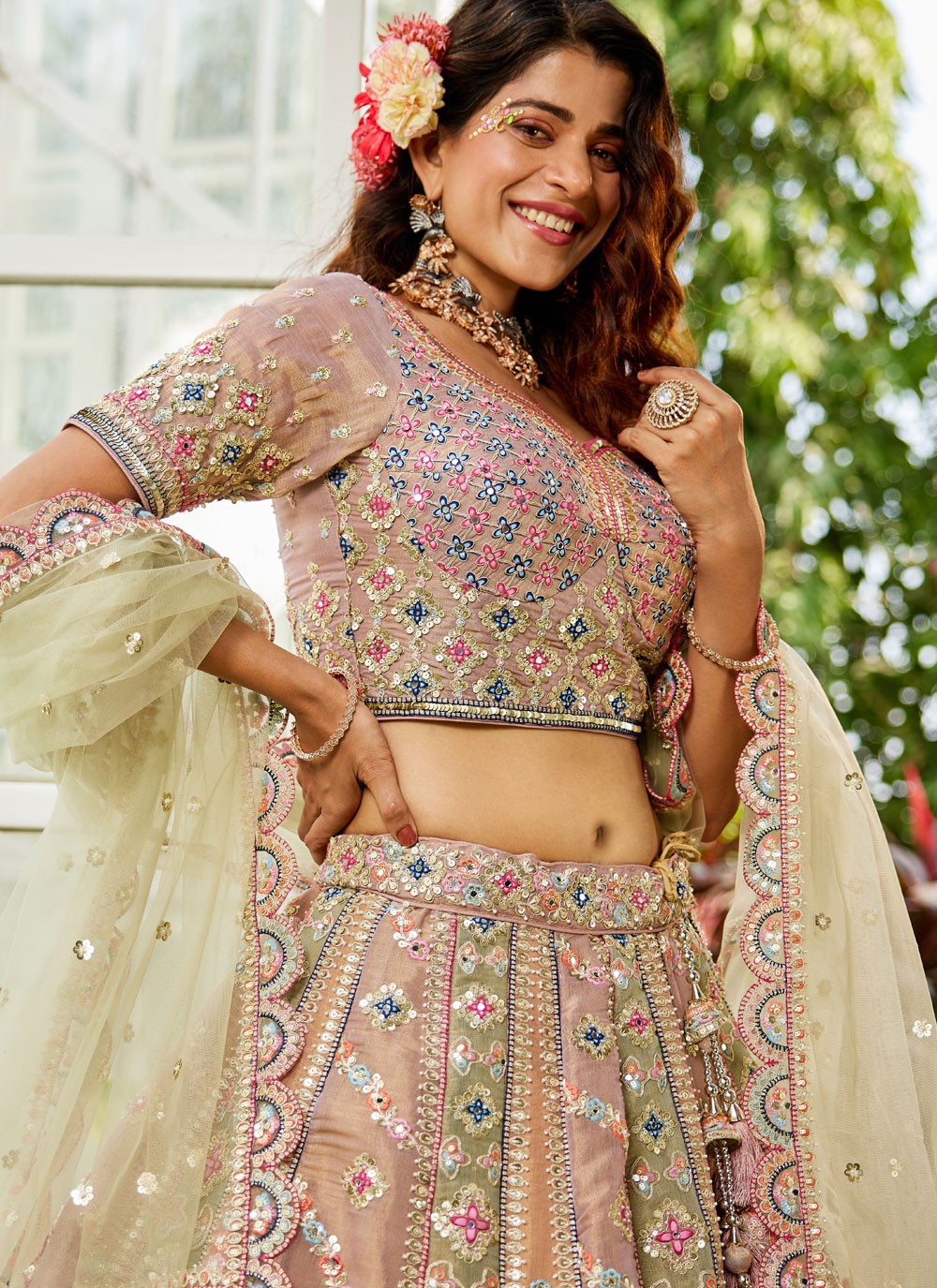 Embroidered Net Multi Colour Lehenga - L3351