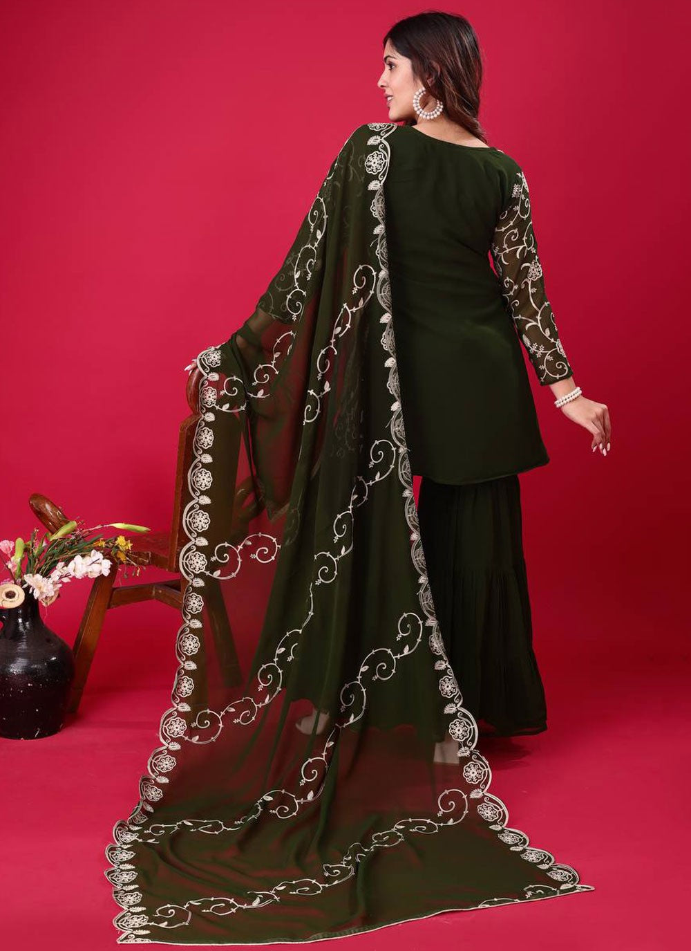 Embroidered Georgette Green Palazzo Suit T6470