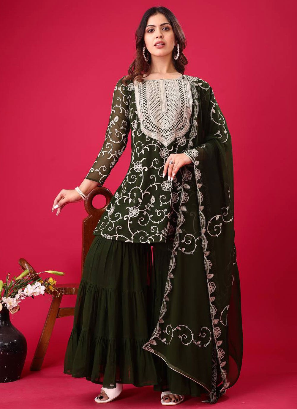 Embroidered Georgette Green Palazzo Suit T6470