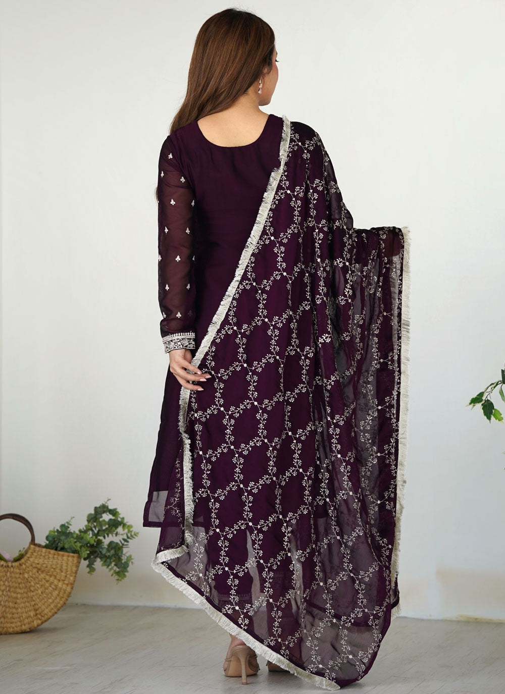Pant Style Suit Embroidered Purple T7636