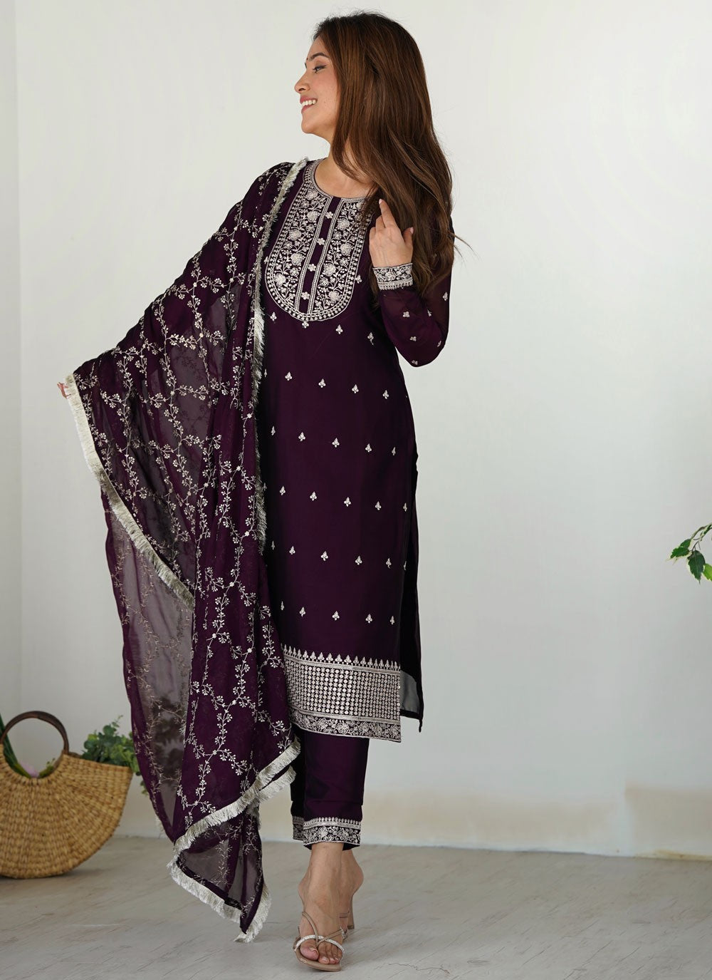 Pant Style Suit Embroidered Purple T7636