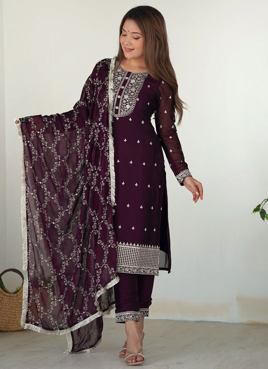 Pant Style Suit Embroidered Purple T7636