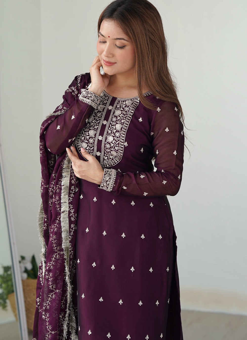 Pant Style Suit Embroidered Purple T7636