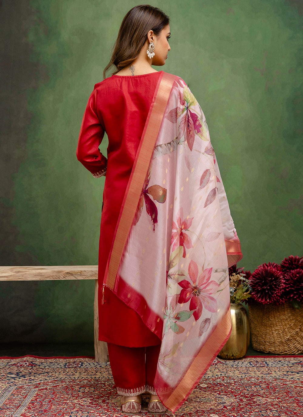 Pant Style Suit Embroidered Red T7793