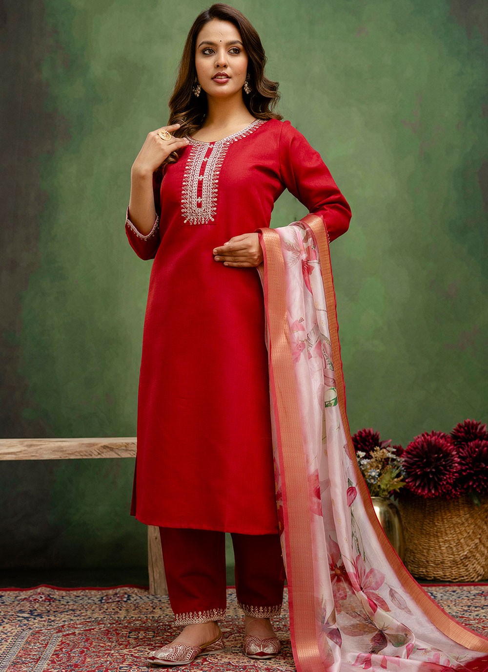 Pant Style Suit Embroidered Red T7793