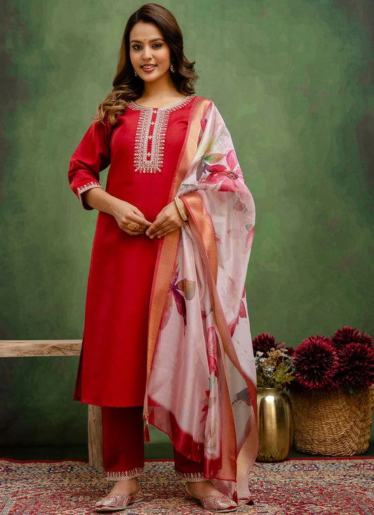 Pant Style Suit Embroidered Red T7793