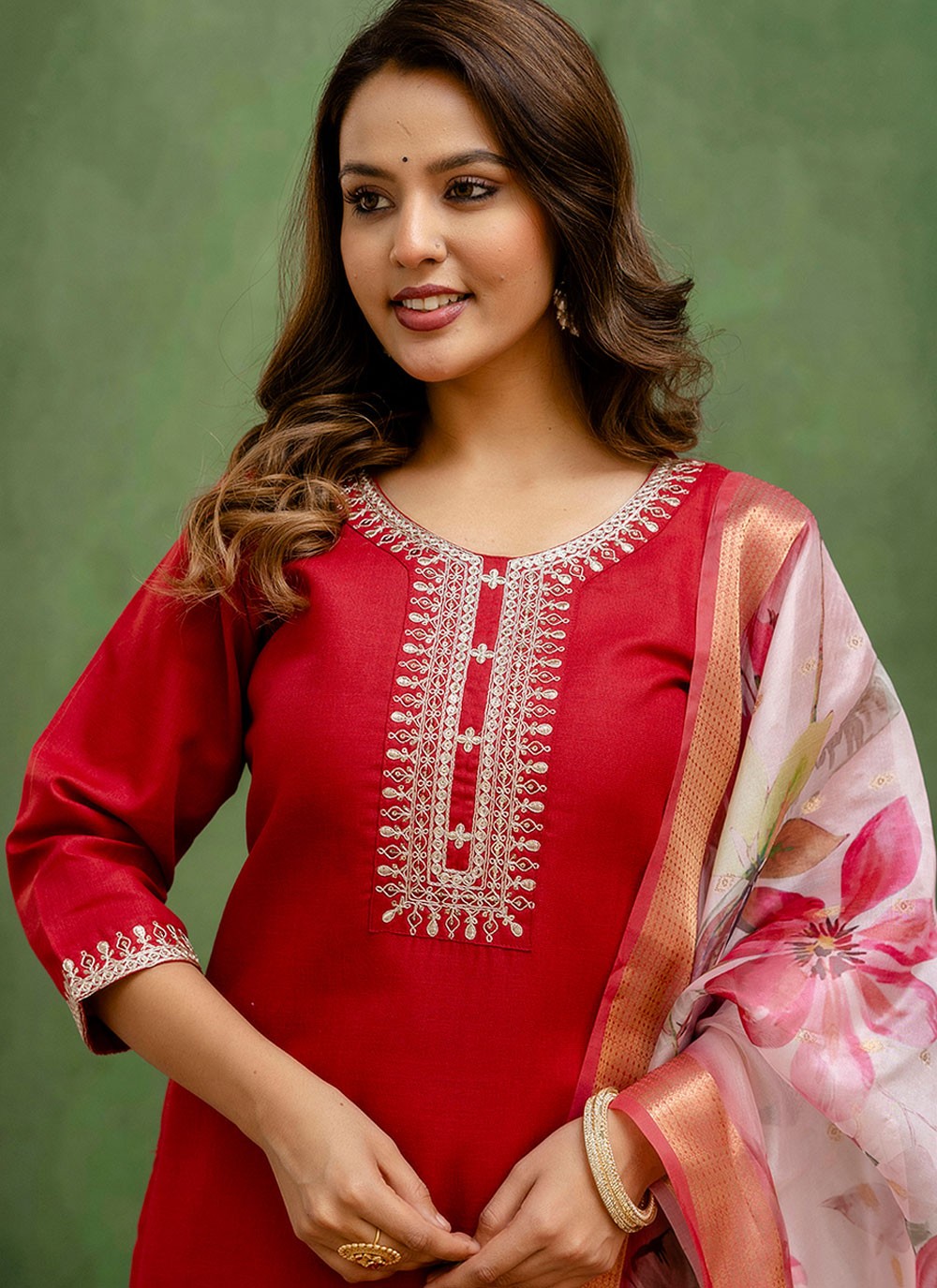 Pant Style Suit Embroidered Red T7793