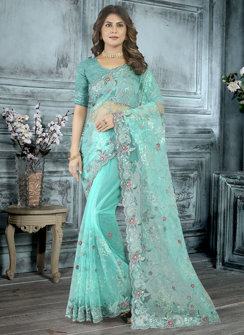 Saree Embroidered Net Saree - S3017