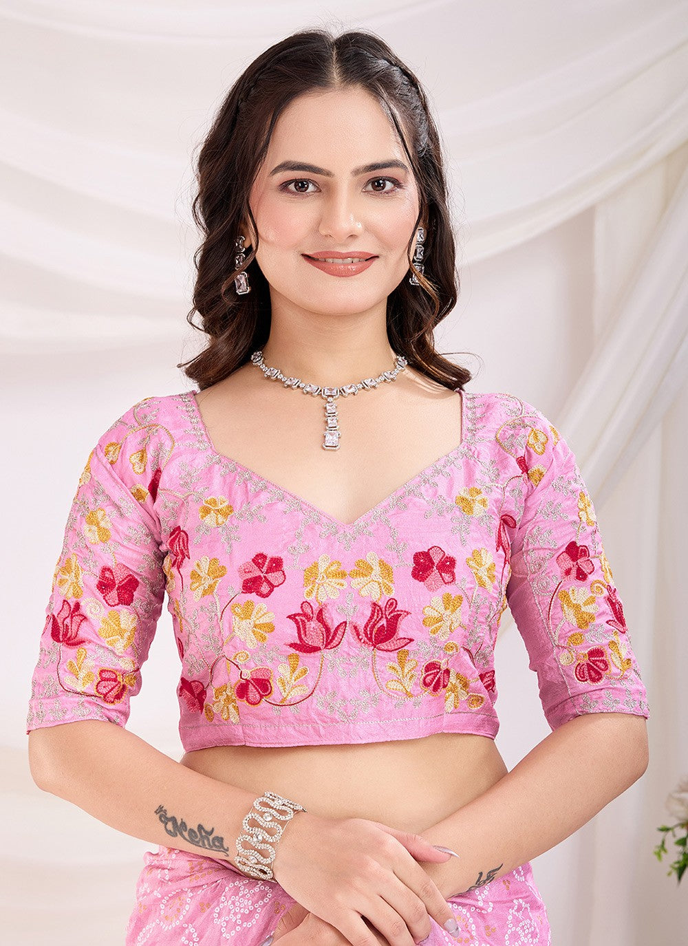 Embroidered Vichitra Silk Pink Saree S14107