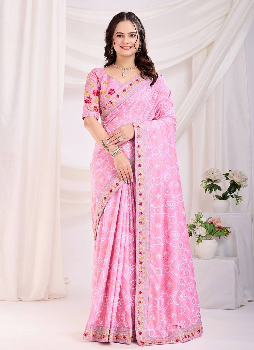 Embroidered Vichitra Silk Pink Saree S13871
