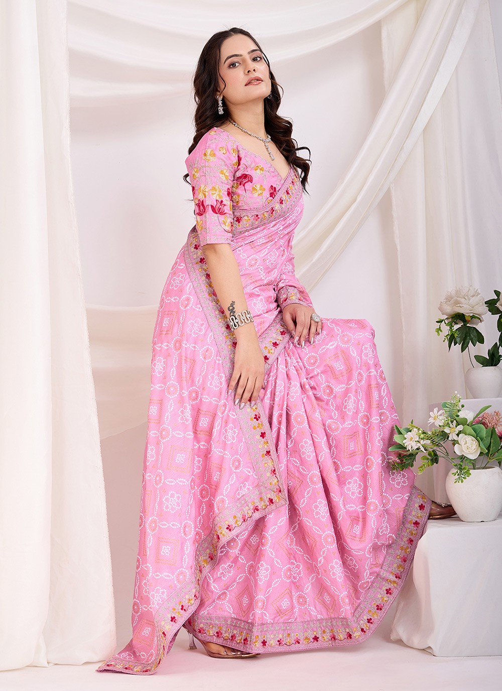 Embroidered Vichitra Silk Pink Saree S13871
