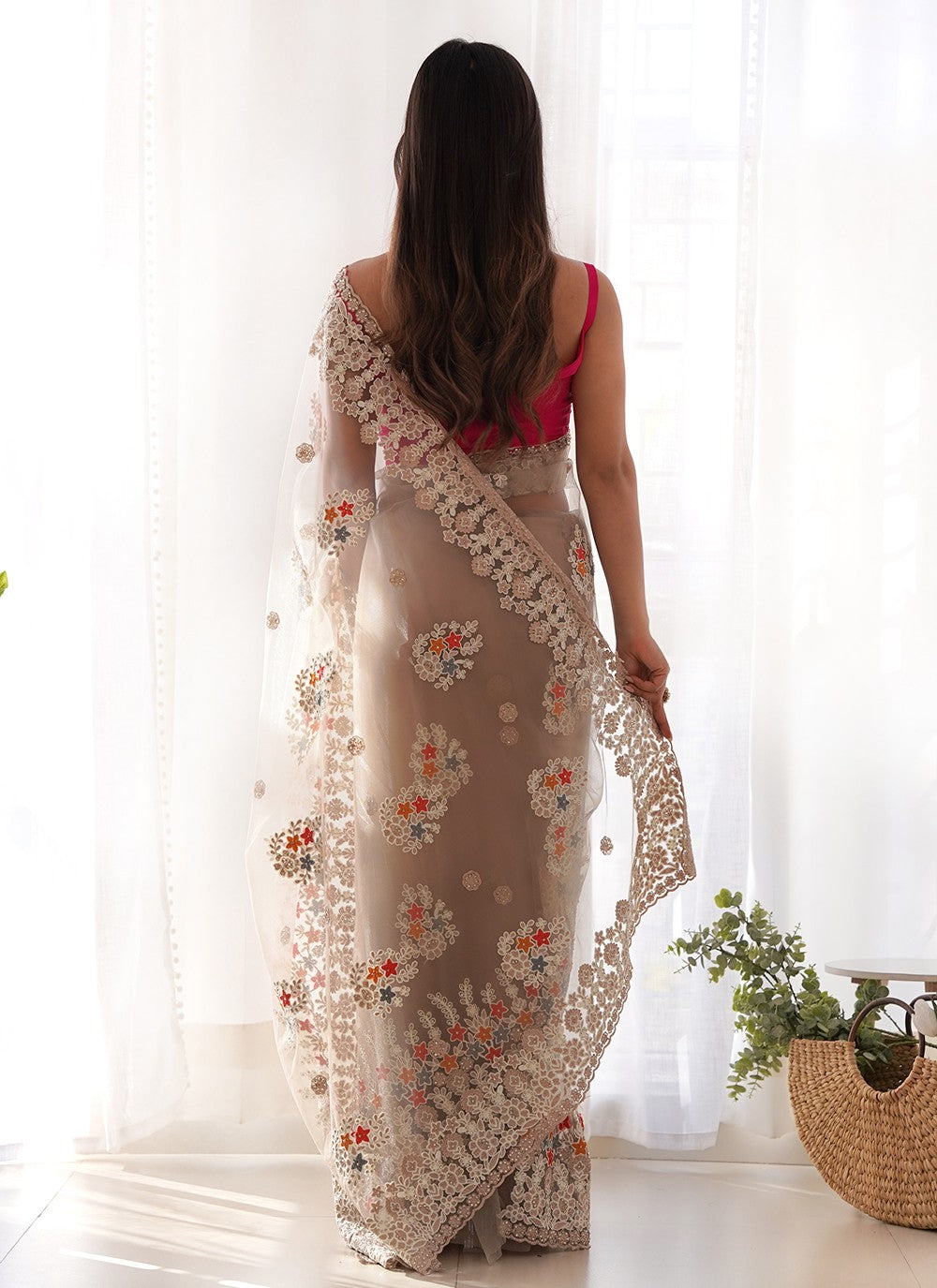 Beige Net Trendy Saree Embroidered, Thread S19069