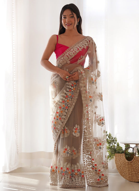 Beige Net Trendy Saree Embroidered, Thread S19069