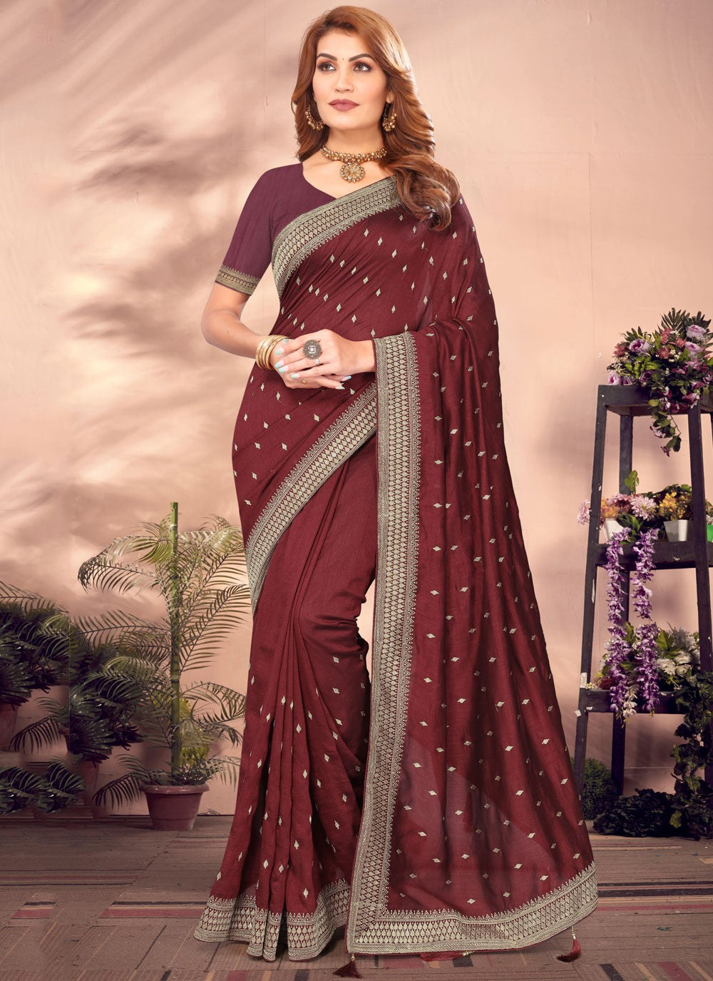 Classic Embroidered Vichitra Silk Saree - S8411