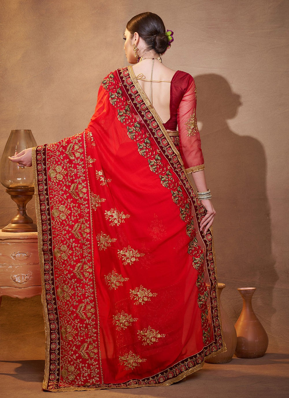 Embroidered Vichitra Silk Red Saree S14724