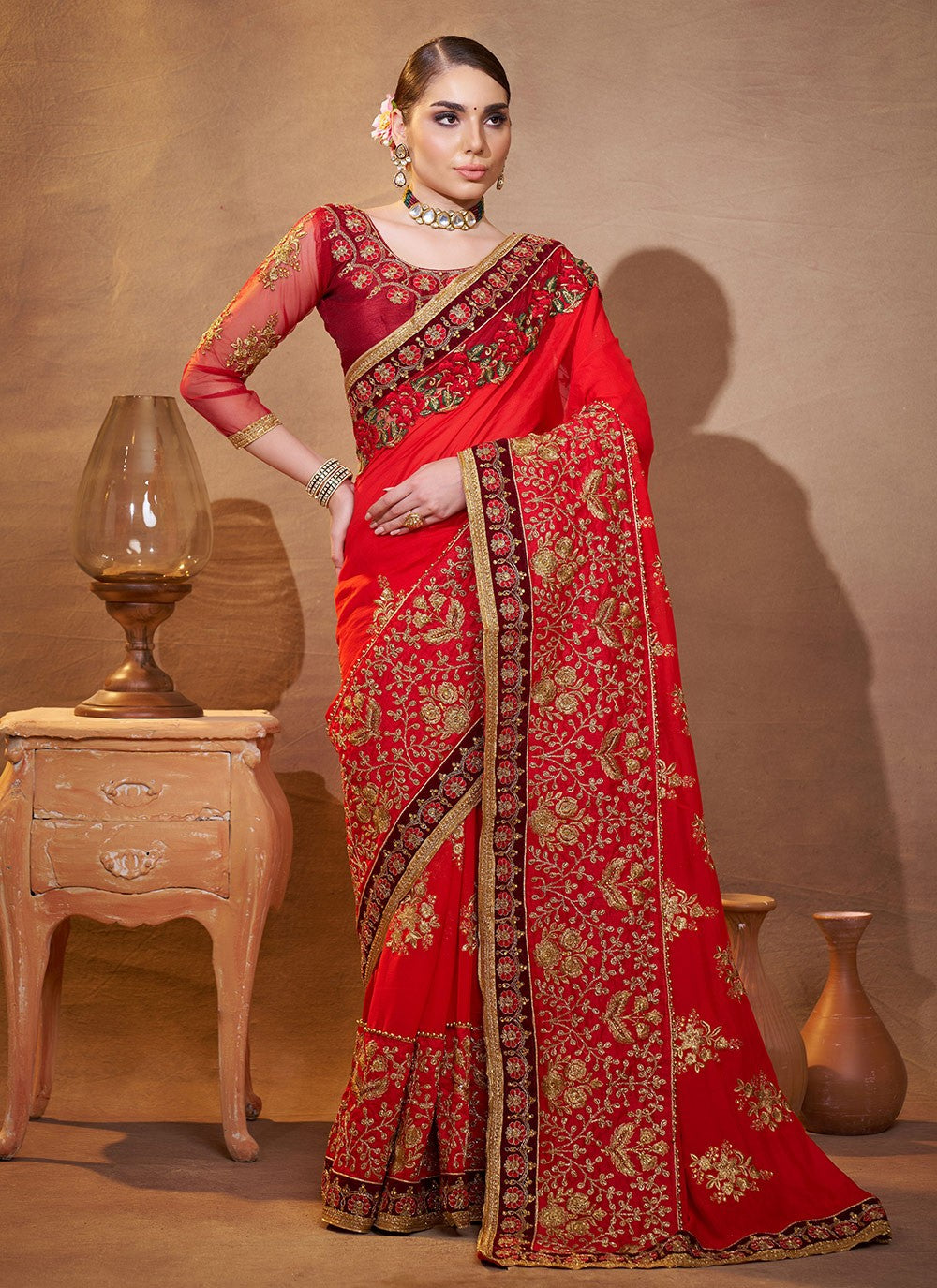Embroidered Vichitra Silk Red Saree S14724