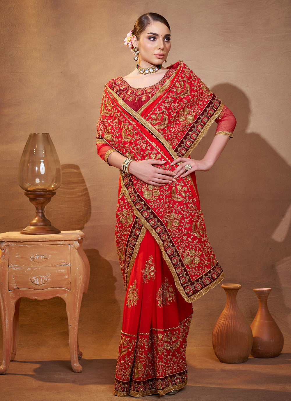 Embroidered Vichitra Silk Red Saree S14724